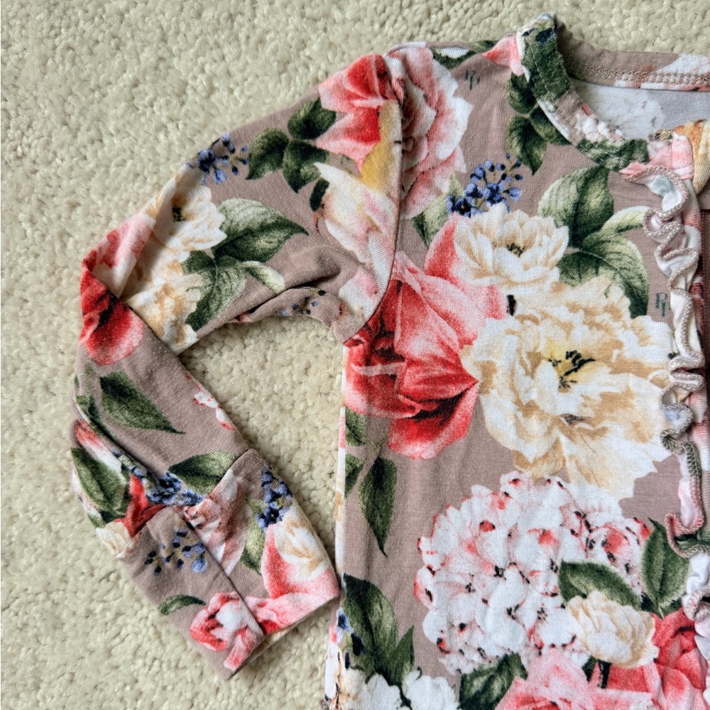 Posh Peanut Floral Footie Ruffled Zippered One Piece in Pink, Green, & Grey - Picture 6 of 12